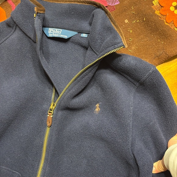 Polo by Ralph Lauren Fleece Navy Jacket with Brown Trim - Picture 5 of 11
